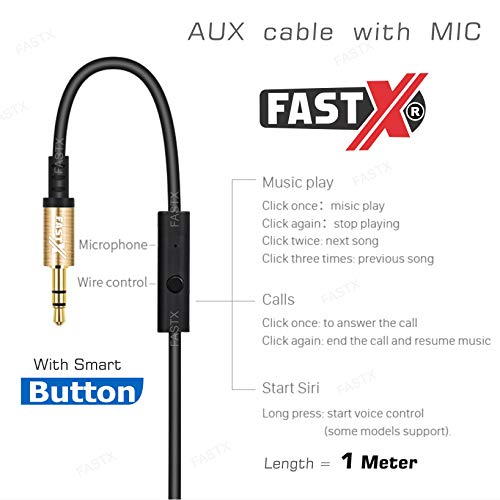 Image of FASTX Strong Black L-Shaped 3.5mm Aux Cable with mic 24K Gold Plated Male to Male Audio Cable with Inline Wire Control Button for Music and Smart Control for Answer Phone Calls.