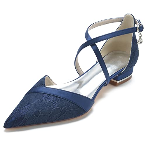 Image of Women's Pointed Toe Lace Wedding Flats for Bride Comfortable Strappy Wedding Shoes Low Heels Cross Strap Bridal Flats Evening Prom Party Dress Shoes Pumps