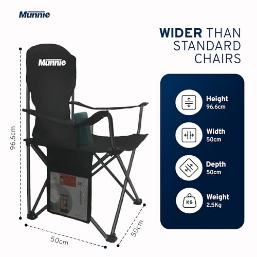 Munnie Set of 2 Folding Camping Chairs | Lightweight Heavy Duty Outdoor Chair | With Armrests, Cup Holder and Side Pocket | Extra-Wide 120kg Capacity per Chair | Included with Carry Bag – Black - Image 3