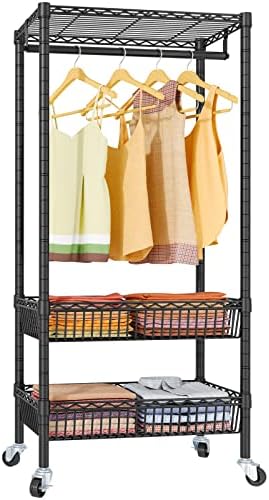 VIPEK X2 Medium Rolling Garment Rack Rolling Clothes Rack for Hanging Clothes Portable Closet Rack with Hanging Rod Metal Basket Heavy Duty Clothing Racks Storage Shelves Laundry Cart on Wheels, Black