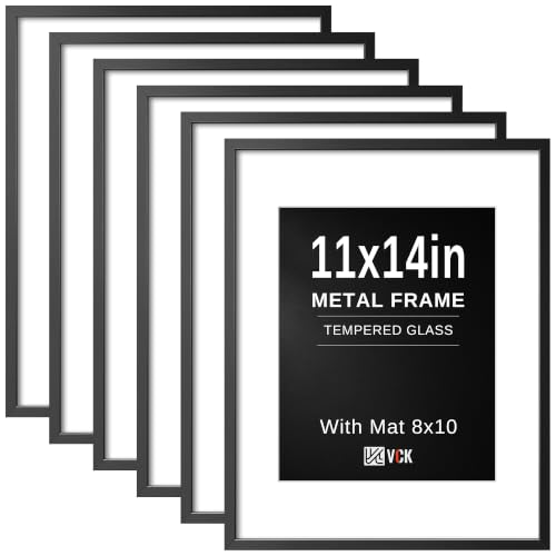 Image of VCK 11x14 Picture Frame Black Metal, Real Glass, 8x10 Mat, 6 Pack, for Arts