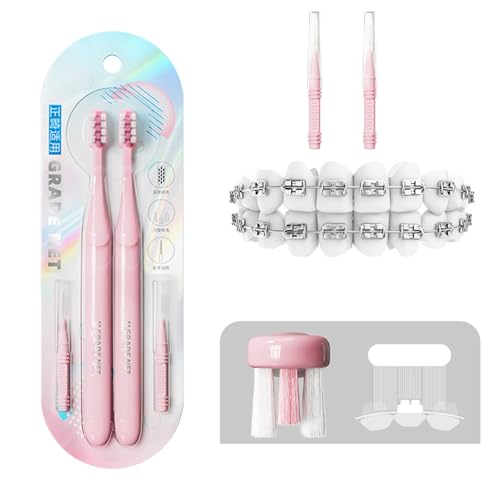 Vonmerie Zahnspangen Zahnbürste U-Form weiche PBT Borsten 4 Stück (2 Orthodontische Bürsten + 2 Zahnspitzenbürsten/Interdentalbürsten) für Zahnspange (Rot interdentale Bürsten)