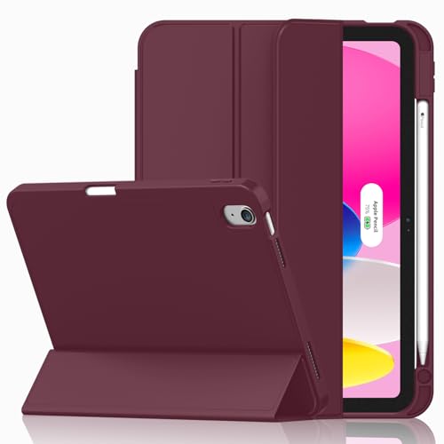 iMieet Case for iPad (A16)/iPad 10th Generation [11-Inch 2025/10.9 Inch 2022], Trifold Stand Smart Cover with Pencil Holder and Soft TPU Back, Supports Touch ID(Wine)