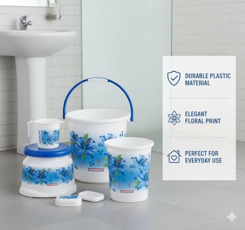 Image of MODWARE Floral Bathroom Set, 5 Pieces, Polypropylene, 20 L Bucket with Mug, Soap Case, Open Dustbin, Stool (Blue)