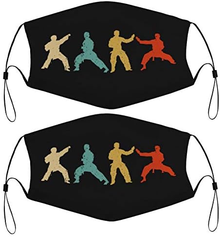 Retro Karate Judo Silhouette Martial Arts Kids Face Mask Set of 2 with 4 Filters Washable Reusable Adjustable Black Cloth Bandanas Scarf Neck Gaiters for Adult Men Women Fashion Designs
