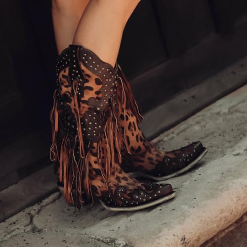 Image of Corral Boots Women's Handcrafted Western Boots | Snip Toe Cowboy Boots with Leopard Print, Fringe and Stud Details