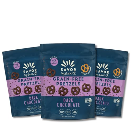 Savor by Suzie, Gluten-Free Dark Chocolate Pretzel Twists - Low Sugar, Grain Free, Nut Free, Non-GMO Vegan Paleo Snacks, Dark Chocolate,3.5oz, 3 Count