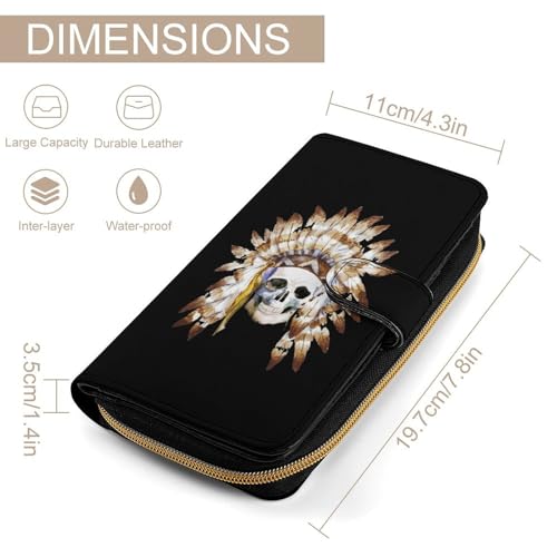 Native USA Skull PU Leather Womens Wallet Large Capacity Zippered Bifold Purse with 12 Card Slot Coin Case, 19.7x11x3.5cm, style-122