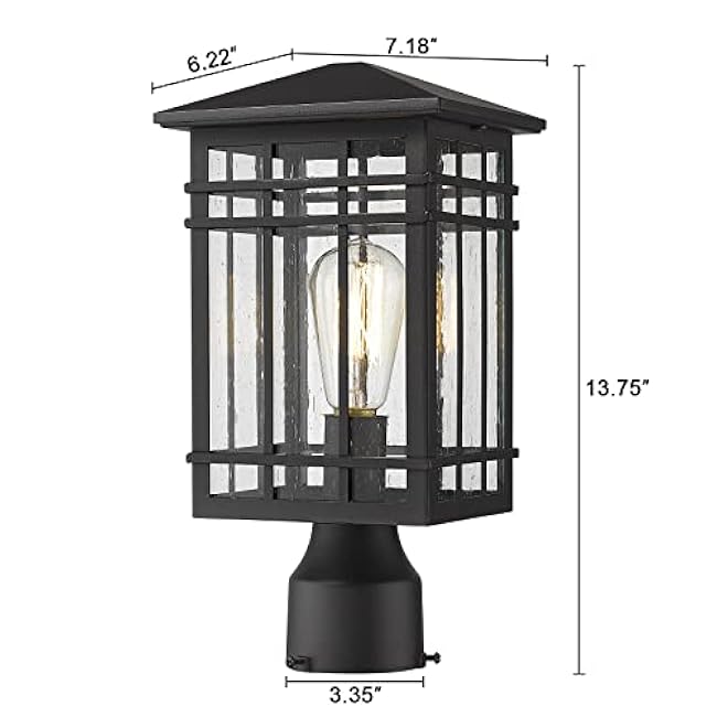Outdoor Post Lights Fixture - Exterior Post Lantern with Seeded Glass in Black Finish - Pillar Light Ideal for Patio, Pathway, and Driveway - Outdoor Pole Lights for Porch Post Lighting, Black
