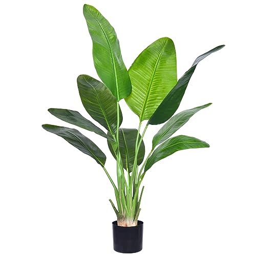 Artificial Bird of Paradise Plant, Fake Tree with Realistic Leaves and Durable pots, Adjustment-Free Branches Artificial Tree for Indoor Outdoor Home Decor (4FT 1Pack)