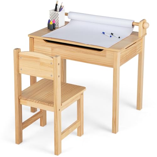 GOPLUS Juego de Mesa y Silla para Niños, Set de Escritorio con Asiento, Mesa de Arte y Manualidades para Dibujo con Rollo de Papel y 2 Marcadores, Mesa Versátil para Niños de 3+ Años (Natural)