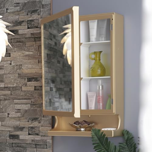 CIPLA PLAST New Look Plastic Multipurpose Cabinet | Storage Organiser | Strong Plastic Bathroom Shelves Wall Mounted | Bathroom Accessories| Mirror Cabinet-(Made in India) (Metallic Gold)