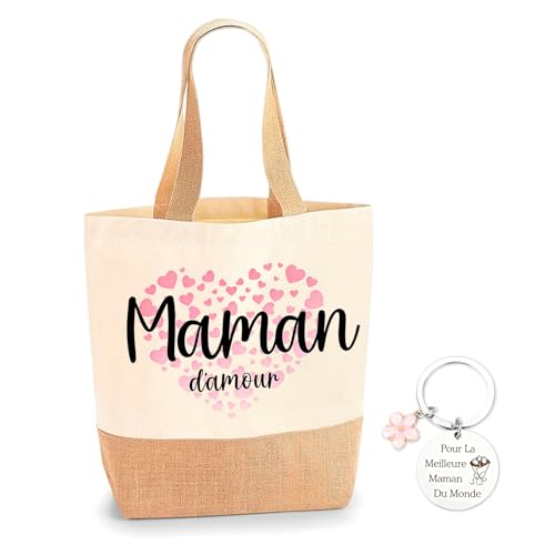 AHEZQILU ﻿Set Cadeau Maman d'Amour - Sac Fourre-tout en Toile et Jute avec Porte-clés en Acier Inoxydable - Idée Cadeau Fete des Meres Originale, Noël ou Anniversaire Maman - Esthétique