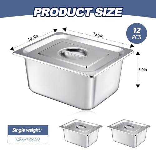 Image of Mifoci 12 Pack Stainless Steam Hotel Pan with Lid, 1 /2 Size X 6 Inch Deep Steam Table Pan Restaurant Supplies Reusable Anti Rust Steam Pan Water Pan for Home, Party, Restaurant, Hotel, Buffet