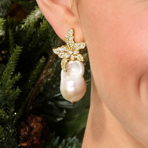 Ross-Simons Italian 13-18mm Baroque Pearl and 1.80 ct. t.w. CZ Flower Earrings in 18kt Gold Over Sterling4