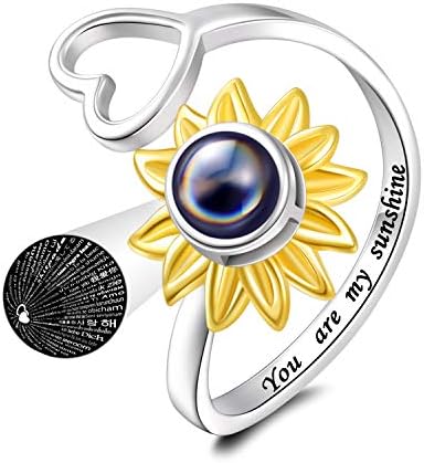 Jinlou sunflower ring 925 sterling silver I love you 100 language heart ring finger You are my Sunshine flower ring for women Teen girls (Adjustable Size 6-8)