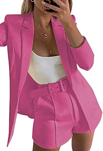 Women's 2 Piece Blazer Short Suits Elegant Business Outfits Long Sleeve Solid Color Blazer and Shorts Sets with Belt Rose