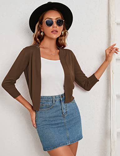 Image of GloryStar Women s 3 /4 Sleeve Cropped Cardigan Sweaters Open Front Knit Short Bolero Shrugs Coffee- XS