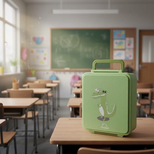 Image of Bento Mega Lunch Box, carrying handle - 4 No-Mix Compartments | Microwave & Dishwasher Safe | for Adult, Preschool, School 1600ML, OZ (Green Leaves ClevaGator Friend)