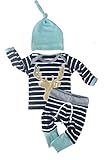 3pcs/Set Newborn Baby Boys Girls Striped Long Sleeve Deer Tops Pants Hat Outfits; 80(3-6months) Navy Blue/White