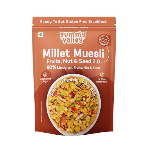 Image of Yummy Valley Millet Muesli Fruit, Nut & Seed 2.0-500g| 3.73g High Protein Muesli with High Fibre, 80% Multigrain with Sorghum & Almonds |No Refined Sugar | Jaggery Sweetened Breakfast Food for Adults