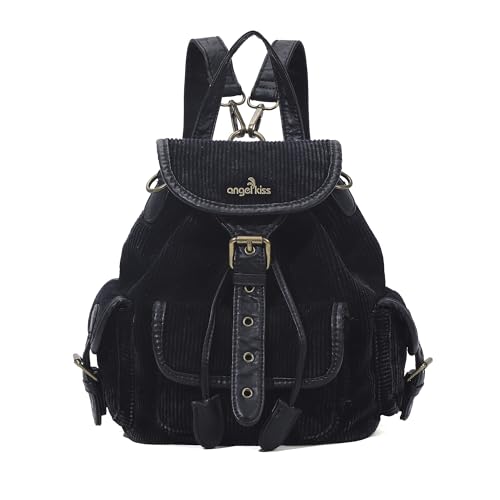 Angel Kiss Small Corduroy Backpack Purse for Women 3-in-1 Convertible Shoulder Bag with Detachable Straps Vintage Multi-Pocket Mini Daypack with Vegan Leather Trim for Travel & Everyday