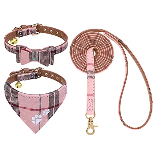 EXPAWLORER Dog Collar and Lead Set, Classic Plaid Bow Tie and Embroidery Pawprint Bandana Dog Collar with Bell