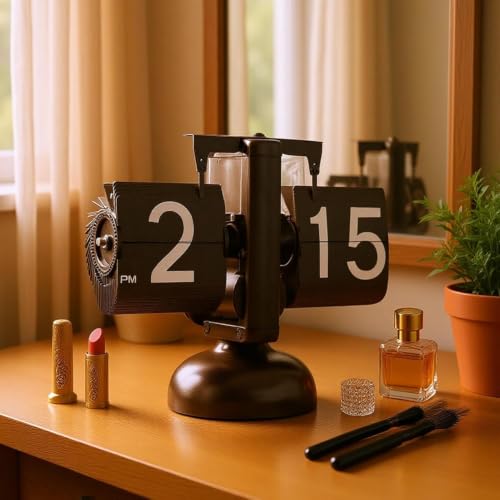 Metal Flip Desk Clock (Black), Retro Vintage Design Auto Flip Clock Desk Clock Table Clock Large Number Battery Powered Internal Gear Operated - Analog, 8.3 Inch - Image 2