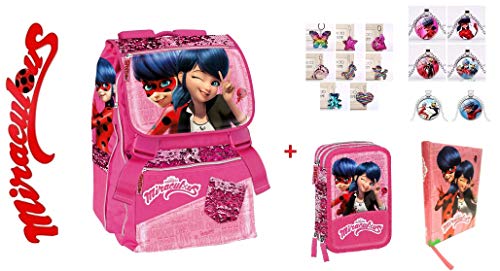Mochila escolar Miraculous Ladybug extensible con lentejuelas rosas   estuche de 3 pisos
