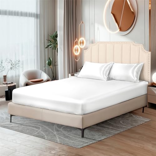 Image of Ersmak Silk Satin Fitted Sheet, Soft Deep Pocket Bottom Luxury King Fitted Sheet, Wrinkle Free, Breathable, Fade Resistant - Ivory White