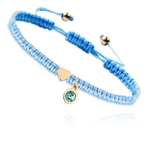 Birthstone Bracelet Gold Heart Charm Bracelet Luck and Protection Bracelet Handmade Adjustable Rope Bracelets for Girls Boy Mom Birthday Gifts (Mar)