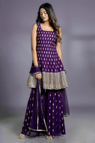 Xomantic Fashion Women's Embroiderd Work Navyblue Color Weding Wear Anarkali Kurta Sharara Set