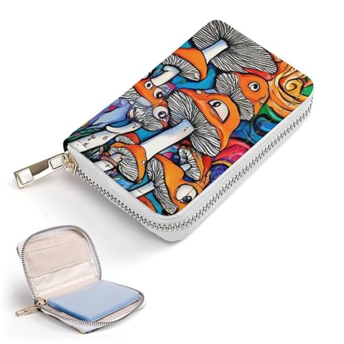 Portable Slim Wallet for Men Women, Pu Leather Credit Card Holder with 20 Slots Trippy Mushroom Art Card Coin Organizer Bag2