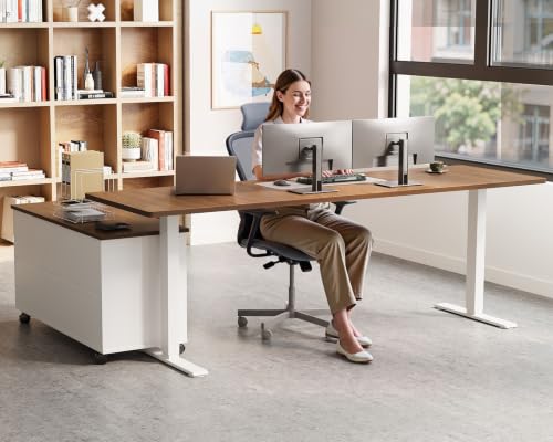 Image of OffiGo 71 inch L Shaped Electric Standing Desk with Cabinet Sets, Walnut /White | Mobile Drawers & File Cabinet Sets for Flexible Layout, Height Adjustable Executive Stand Up Desk for Home Office Workstation