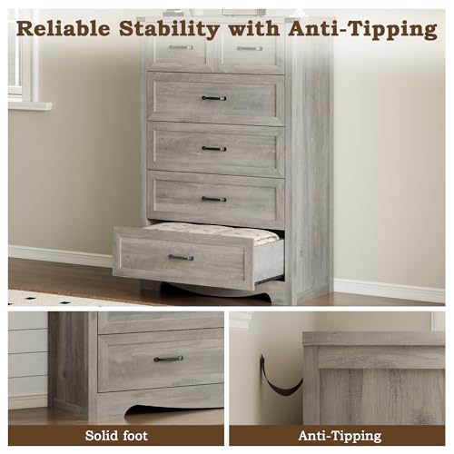 Image of BORNOON Tall 6-Drawer Dresser for Bedroom, Modern Wooden Chest of Drawers with Metal Handles, Anti-Tipping Design, Sturdy and Stable Storage Organizer for Living Room, Entryway, Home Office