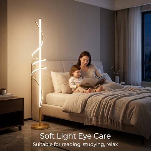Image of LED Spiral Floor Lamp | 3-Color CCT (Warm + Natural + Cold White) | Gold Aluminium Standing Lamp for Living Room, Bedroom & Home Decor