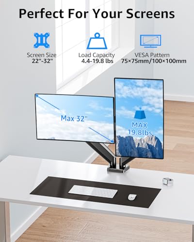 Image of Dual Monitor Stand fits up to 32 inch, 4.4-19.8 lbs Computer Screens, Dual Monitor Desk Mount Height Adjustable, Monitor Arms for 2 Monitors, Home Office VESA Mounts, Freelift Black