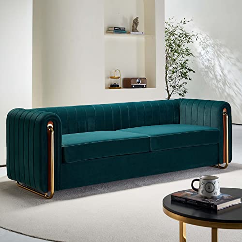 Image of Dolonm Modern Velvet Sofa for Living Room, 84 Inches Long Upholstered Sofa Couch with High Armrest and Metal Legs Decor Furniture for Bedroom, Office (Green)