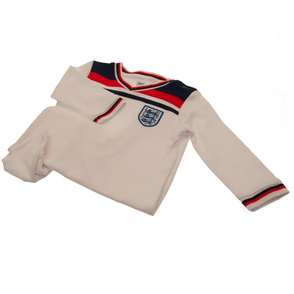 AllSports Official Merch England FA Baby Sleepsuit, White, 1982 Retro Kit Design, Embroidered Crest, Long Sleeve, Press Stud Fastening 6-9 mths