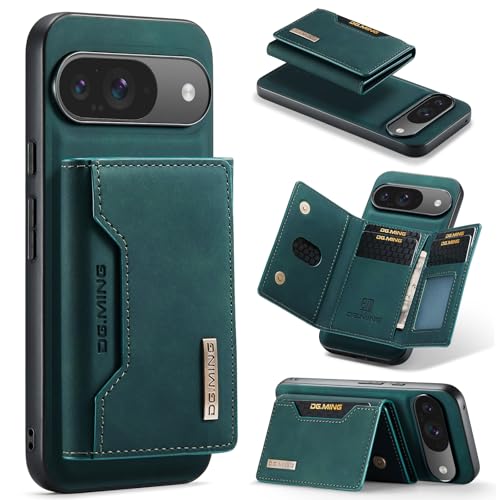 Coque Pixel 9 avec portefeuille magnétique amovible cuir vert rétro