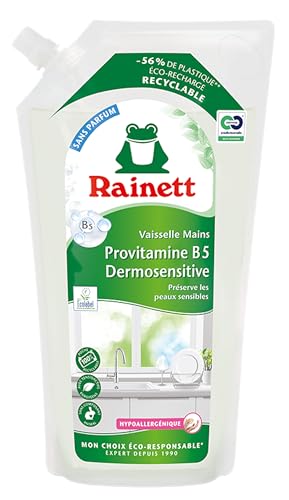RAINETT - Liquide Vaisselle Mains Dermosensitive - Éco-Recharge 1 L - Formule Hypoallergénique - pH Neutre - Préserve les Peaux Sensibles - Poche 100%...