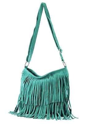 Modarno Borsa a tracolla con frange in camoscio - borsa tracolla donna in pelle scamosciata (Turchese)