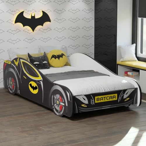 Kids Collective Lit Voiture 70x140 cmpour Enfant avec barrière de sécurité & sommier à Lattes | Lit de Jeu Enfant Batman Batmobile Bat Car en Noir | idéal pour...