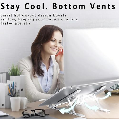 Image of Babacom Silver Adjustable Laptop Stand with 360 Rotating Base for Desk, Foldable Aluminum Ergonomic Laptop Holder Compatible with MacBook HP Dell Lenovo Acer ASUS Laptop Stand for 10 to 17 Inch Size