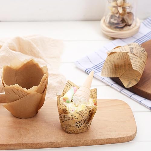 Image of 150 Pieces Tulip Cupcake Muffin Liners Paper Baking Cups Greaseproof Cupcake Wrappers for Birthday Wedding Party Baby Showers Catering Restaurants(Khaki)