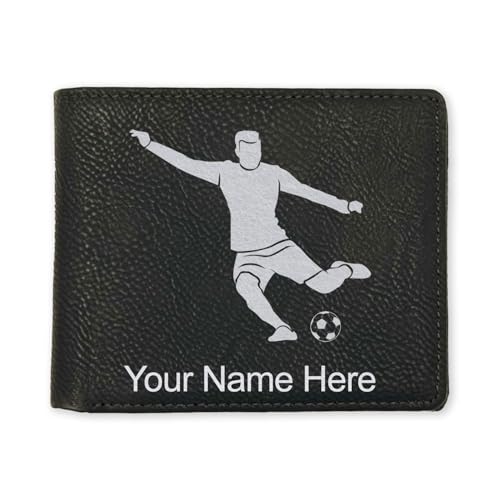 LaserGram Faux Leather Bi-Fold Wallet, Soccer Player Man, Personalized Engraving Included (Black with Silver)