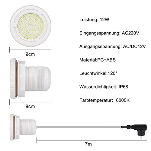 KOLLNIUN LED Poolbeleuchtung für Aufstellpool，pool lichter unterwasser，Unterwasserbeleuchtung ，Schwimmbad Licht，12W Weißes,für Stahlrahmen & Stahlwandpool,IP68 Wasserdicht 7m Kabel,12V