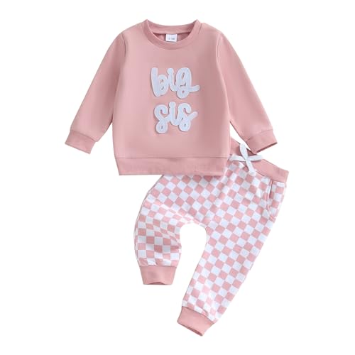 Big Sister Little Sister Matching Outfits Big Sister Shirts for Girls Plaid Shorts Set Toddler Girl Fall Clothes(B-Pink,4-5T)