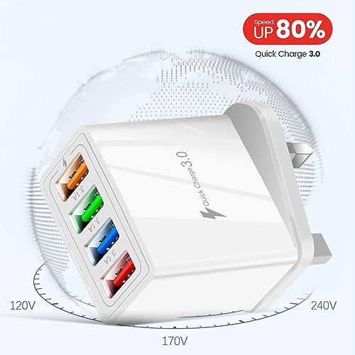 USB Plug Charger UK, QC 3.0 3.1A Fast Charging, 4-Port USB Wall Charger Plug, Power Adapter with Smart Device-Adaptive, Quick Charging Technology for All Smartphone(White) - Image 6