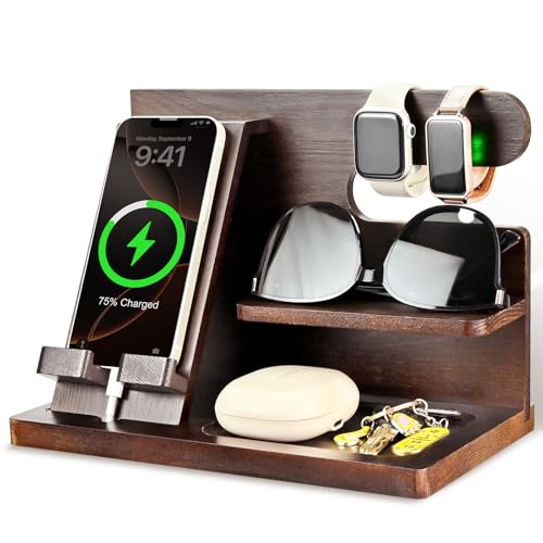 Schreibtisch Organizer Holz - Handy-Dockingstation aus Holz, Handy Dockingstation Schreibtisch Organizer mit Handyständer Braun Nachttisch-Organizer...